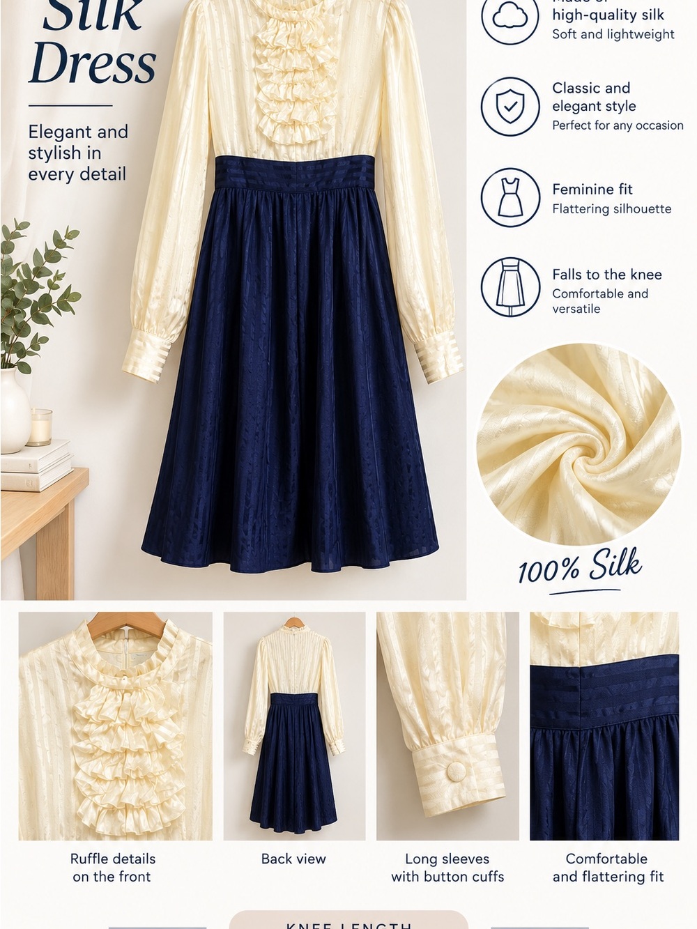 Anna Sui Navy and Cream Ruffled Blouse Midi Dress